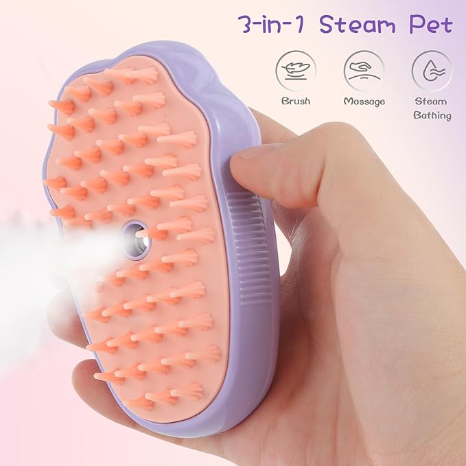 Rechargeable Cat Steam Brush for Shedding - Self Cleaning Steamy Cat Brush Cat Steamy 3-in-1 Pet Steam Brush - Spray, Massage & Hair Removal Grooming Tool, Purple