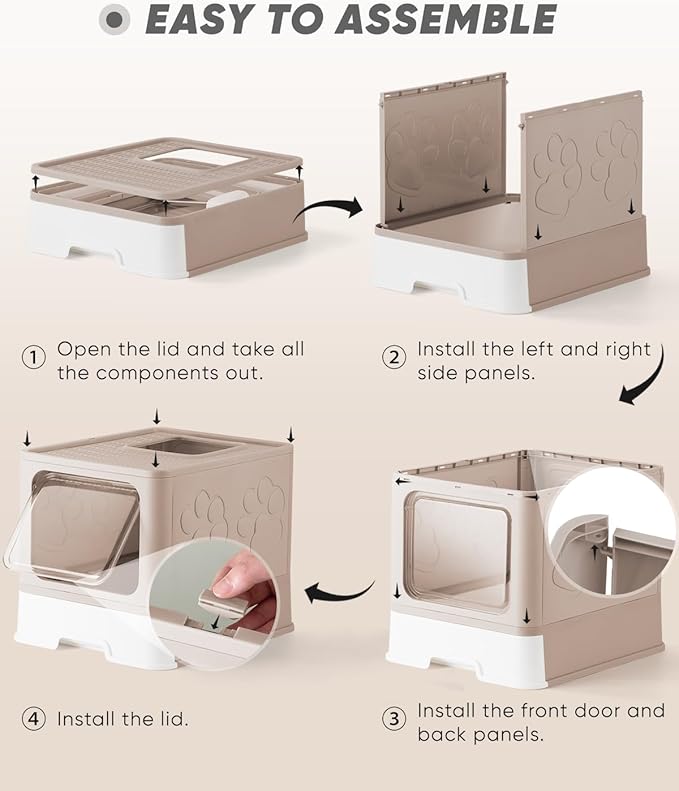 Enclosed Litter Box with Lid, X-Large Foldable Cat Litter Box, Covered Kitty Litter Box, Two-Way Entry and Exit Cat Box with Scoop, Odor Control, Easy to Clean(Coffee)