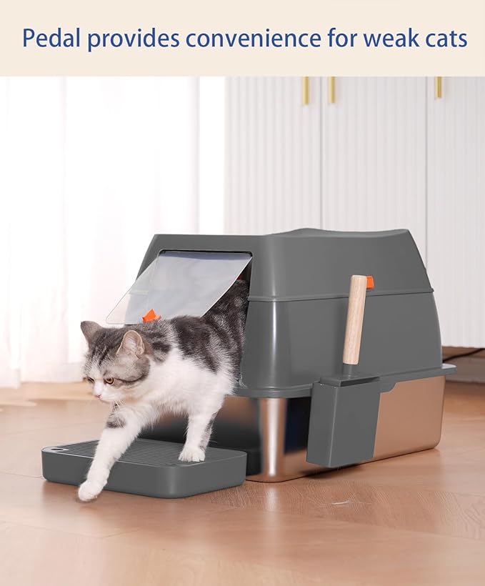 Ultimate XL Stainless Steel Litter Box with Lid Spacious & Stylish Enclosed Design for Big Cats, Multiple Cats, Odor-Free & Easy Cleaning, High Sided Cat Litter Pan with Cover Gray