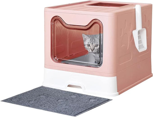 Cat Litter Box with Litter Mat and Scoop, Large Foldable Litter Box with Lid, Front Entry Top Exit Kitty Litter Box, Odor Control Easy Clean (Pink)