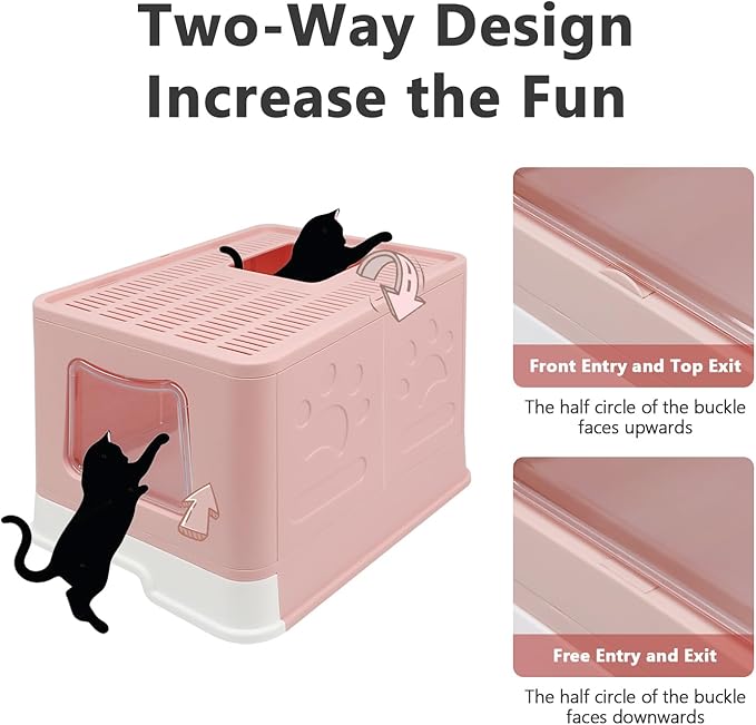 Foldable XL Cat Litter Box with Lid, Jumbo Enclosed Cat Potty, Top Entry Anti-Splashing Cat Toilet, Easy to Clean Including Cat Litter Scoop and 2-1 Cleaning Brush (Pink) Extra Large