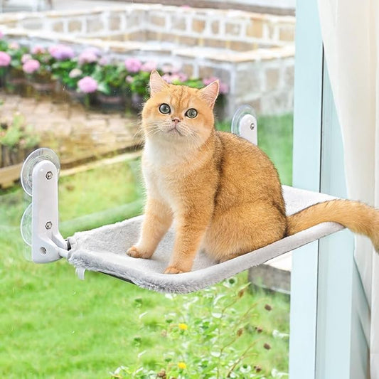 Cordless & Foldable Cat Window Perch with Metal Frame and Reversible Washable Cover Cat Hammock Bed, 4 Large Suction Cups Window Resting Seat for Indoor Cats Kittens (Cat Bed - Grey)