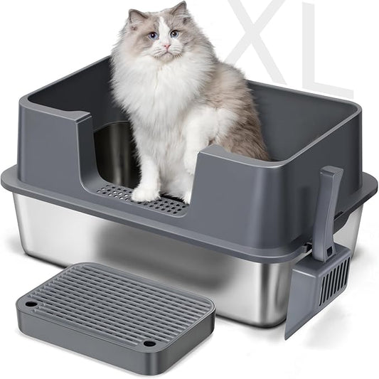 Stainless Steel Cat Litter Box with Lid, High Sides Metal Litter Box Enclosed, XL Extra Large Cat Litter Box with Filter Pedal and Scoop Cleaning Brush, Easy Cleaning, Anti Leakage, Non-Sticky