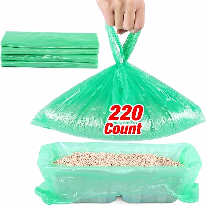 Litter Box Liners Compatible with LitterMaid/Nature's Miracle Waste Receptacles, Green Unscented 220 Refill Bags with Handles Use in Self-Cleaning Litter Box Waste Trays