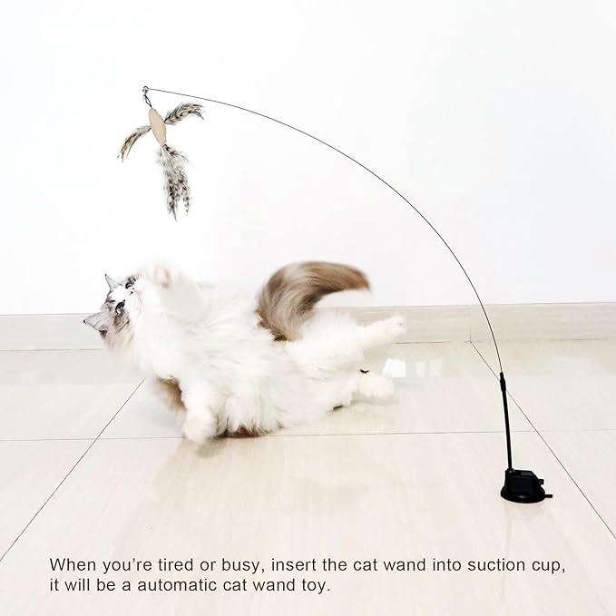Cat Feather Toys with 1 Suction Cup,2 Cat Wands,8Pcs Birds and Insects Simulation Feather Refills with Bells, Interactive Toys for Indoor Cats and Kitten.