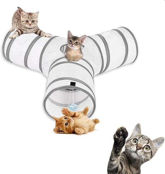 Cat Toys Cat Tunnel and Cat Cube Pop Up Collapsible Kitten Indoor Outdoor Toys-Collapsible 3 Way Cat Tube- for Cat, Puppy, Kitty, Kitten, Rabbit (White)