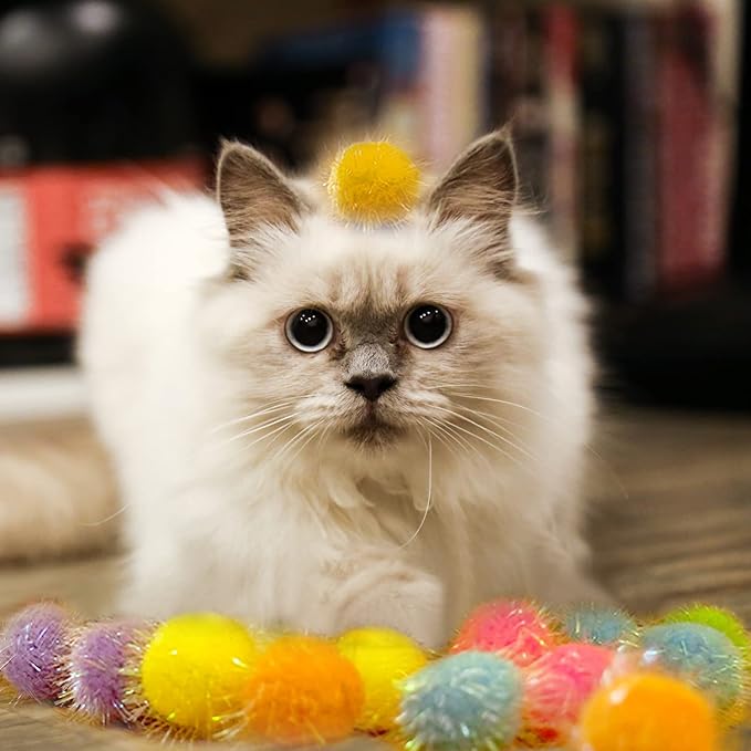 30 Pieces Sparkle Pom Pom Balls for Cat - Interactive Glitter Balls, Multicolor, Size of 1.2 inches, Best as Kitten Play Toys