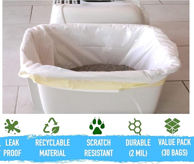 Cat Litter Box Liners Drawstring Large (30 Bags) 37" x 18" Scratch Resistant Extra Heavy 2 Mil Litter Tray Cat Box Liner Bags (30 Count, Large)