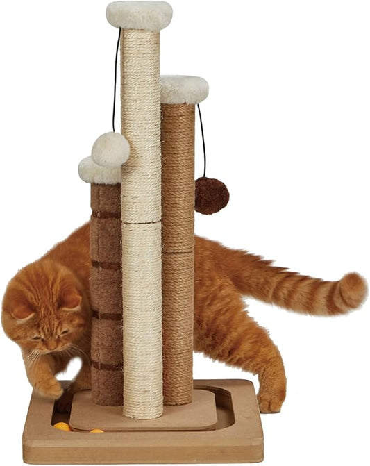 Cat Scratching Post Premium Natural Sisal Jute Carpet 3 Scratch Posts with Interactive Track Ball Base and Hanging Balls Toys Kitten Scratcher for Indoor Kittens and Small Cats