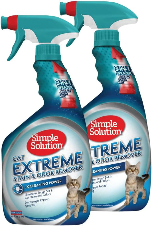 Simple Solution Extreme Cat Stain and Odor Eliminator Spray for Cats, Enzyme Cleaner With 3X Pro-Bacteria Cleaning Power, Strong Cat Urine Pee Smell Remover for Carpets & Floors, 32 oz (Pack of 2)