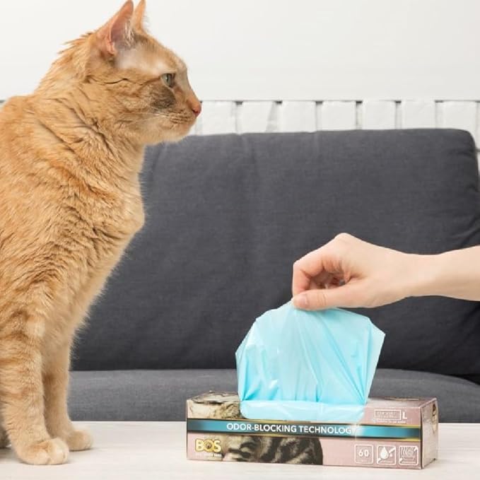 BOS Odor-Sealing Cat Poop Bags for Pet Waste & Kitty Litter - Disposal Bags - Scent & Smell Free[Size: L, Color: Light blue] (60 count, Pack of 2)★Brand-new packaging!! ★NOT a litter box liner