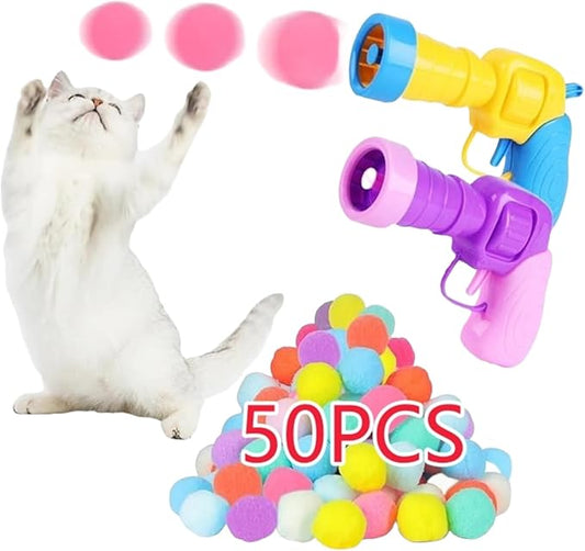 Cat Ball Launcher Toy, 50PCS 1.2Inch Cat Pompom Ball and 2 Cat Ball Toy Launcher, Soft Interactive Cat Balls, Active Cat Exercise Toys for Indoor Cats-Multi-Colored