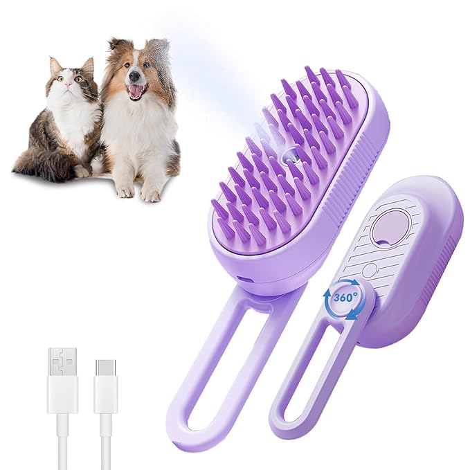 Cat Steam Brush for Shedding, 3 in 1 Cat Steam Brush with Foldable Handle, Steam Brush for Cats Dogs, Spritz Defur Comb for Cats, Water Brush for Cat, Pet Spray Hair Removal Comb