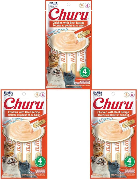 INABA Churu Chicken with Beef Recipe Natural Lickable Wet Treat for Cats (4 Tubes) (Pack of 3)