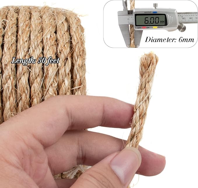 Sisal Rope for Cat Scratcher 1/4 Inch 50 Feet Cat Tree Rope Replacement Natural Hemp Rope, Thick Cat Scratching Post Rope for Indoor/Outdoor, Repairing, Recovering, DIY Scratcher (White)