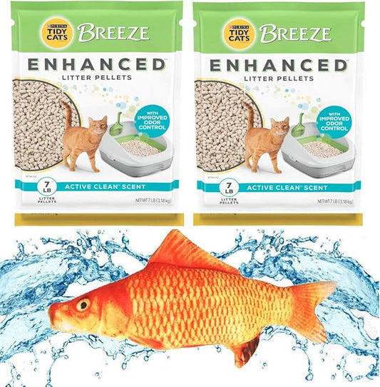 Variety Pack Bundle Including a 7.5" Triple Strength Catnip Toy and Tidy Cats Breeze Enhanced Pellets (2) 7lb Bags.
