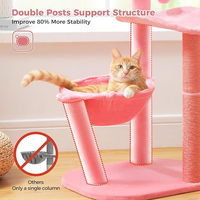 PETEPELA 34.2'' Cat Scracthcing Post, Tall Cat Scratcher with Large Cat Hammock [Dia=30CM], Flamingos Natural Sisal Cat Scratch Post, Pink Small Cat Tree Tower for Indoor Cats&Kittens