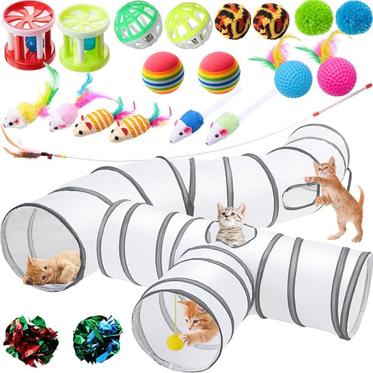 Wettarn 22 Pieces Cat Toys Set, with 2 Collapsible Cat Tunnels for Indoor Cats and 20 Kitten Toys Cat Tubes and Tunnels Interactive Cat Feather Toy Mouse Crinkle Balls for Cats Puppies (White)