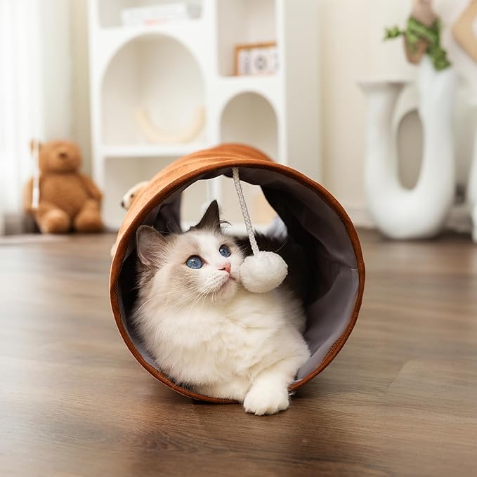 HIPIPET Straight Cat Tunnels for Indoor Cats,Collapsible Cat Tunnel for Small Medium Large Cats with Cat Toy Ball,Cute Bear. (Brown)