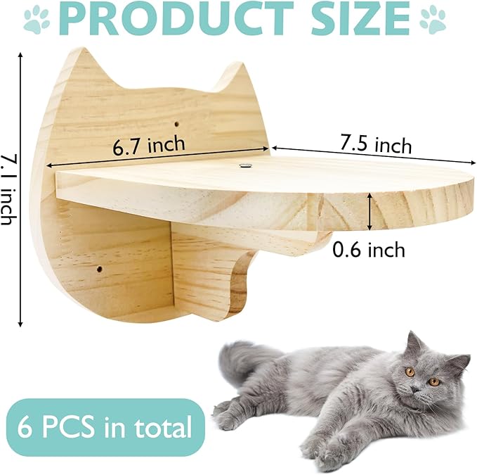 kathson 6 Pcs Cat Wall Mounted Shelves Cat Wall Steps Shelves Wood Cat Climbing Shelves Cat Stairs with Non Slip Felt Cat Ladder Cat Wall Bed Cat Wall Furniture Cat Perch for Springboard Playing