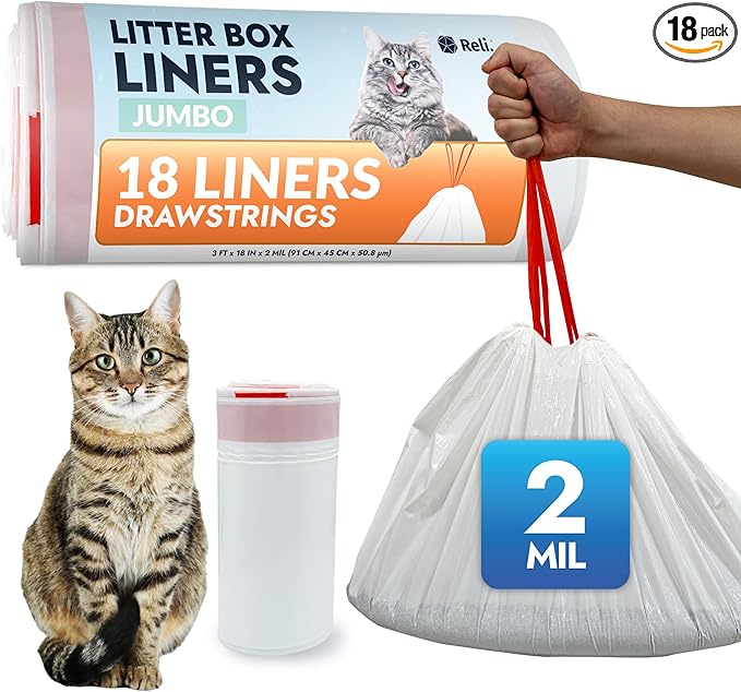Reli. Cat Litter Box Liners (18 Count), Jumbo | Drawstring Litter Box Liner | Heavy Duty for Cat Pan, Pet Waste | Kitty Poop Bags, Drawstring Handles (White)