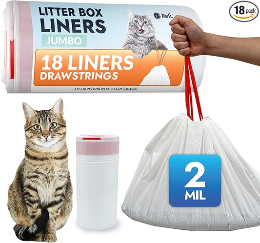 Reli. Cat Litter Box Liners (18 Count), Jumbo | Drawstring Litter Box Liner | Heavy Duty for Cat Pan, Pet Waste | Kitty Poop Bags, Drawstring Handles (White)