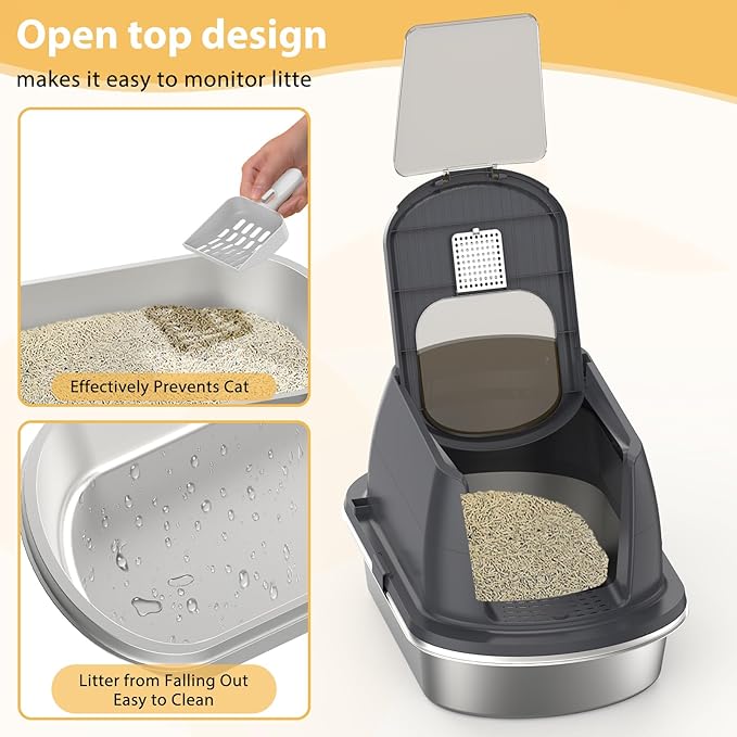 Stainless Steel Litter Box with Lid,Large Enclosed Cat Litter Box, Covered Metal Litter Tray for Easy Cleaning & Odor Control, Includes Scoop and Litter Mat, Hooded Cat Litter Pan for Kitten (Gray)