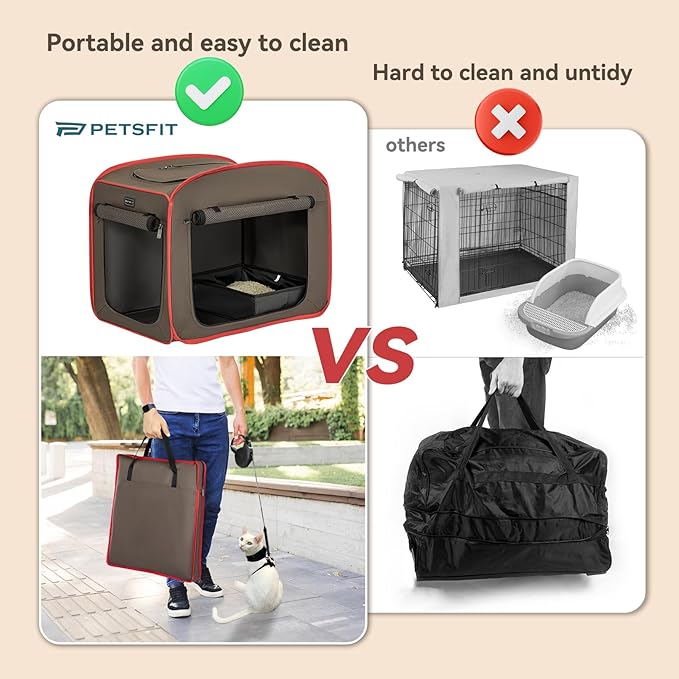 Petsfit Portable Cat Crate with Litter Box and Soft Cushion Cat, Collapsible Pop Up Cat Kennel with Carrying Bag for Travel