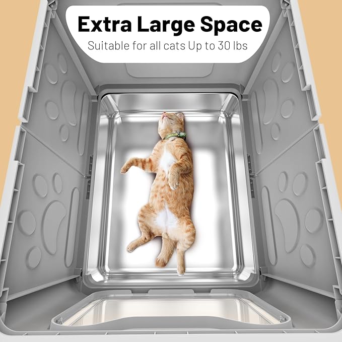 Foldable Enclosed Stainless Steel Cat Litter Box with Lid, High Wall Sides, Non-Sticky, Anti-Leakage, Easy Cleaning (Gray)