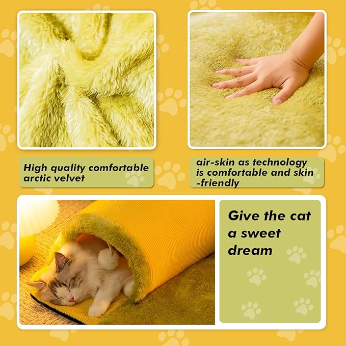 Cat Tunnel Bed for Indoor Cats, 2in1 Cat Bed and Tunnel Cat Toys,27.55IN Large Size Cat Carpet Tunnel Suitable for All Seasons, Detachable, Washable for Cats and Small Pets&Yellow