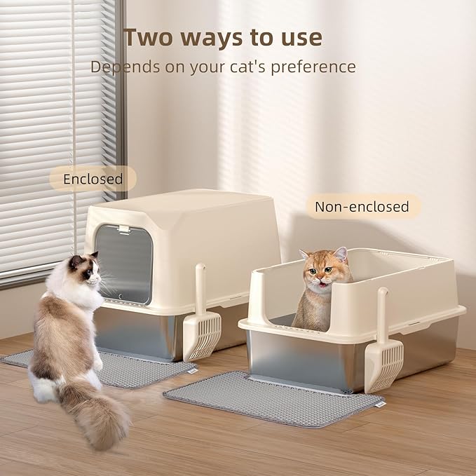 Stainless Steel Cat Litter Box with Lid, Extra Large Litter Box, Great for Large & Small Cat, Easy to Clean, Anti-Leakage, Non-Sticky, Multifunctional 2 in-1 Metal Cat Litter Box - Beige