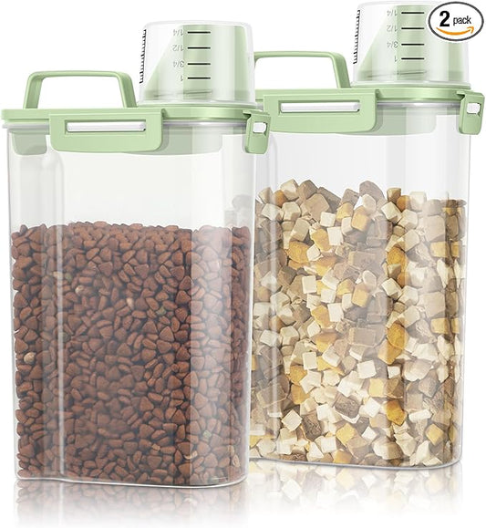 TBMax Small Dog Cat Food Storage Containers 2 Pack, Travel-Friendly Pet Food Container with Spout & Measuring Cup, Kid-Friendly Pet Feeding Dispenser, Portable Dog Treat Bird Seed Container