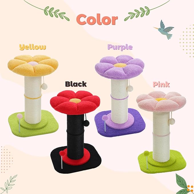 PEQULTI Flower Cat Scratching Post, Small Cat Tree, Tall Cat Scratcher for Indoor Cats with Super Thick Scratching Post [Dia=5.5''], Removable Flower Cat Bed, Cat Scratch Post with Spring Ball, Yellow