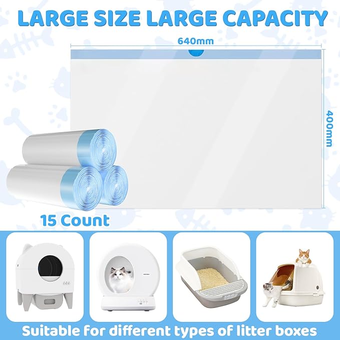 45 Count Extra Large Cat Litter Box Liners - Drawstring Cat Litter Bags for Self Cleaning Litter Boxes, 25x15 Inches, No Mess, No Odor, Easy to Install and Dispose, Hygienic and Durable Litter Liners