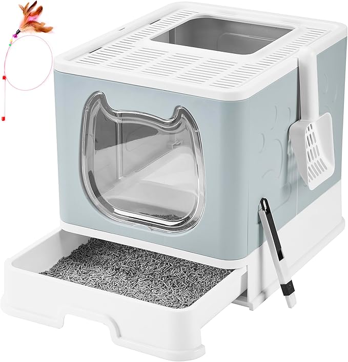 Gefryco Cat Litter Box with Lid, Top Entry Litter Box with Controlled Access, Covered Enclosed Cat Potty Odor Control, Kitten Litter Box for Small to Medium Cats, Scoop and Clean Brush Included(Grey)