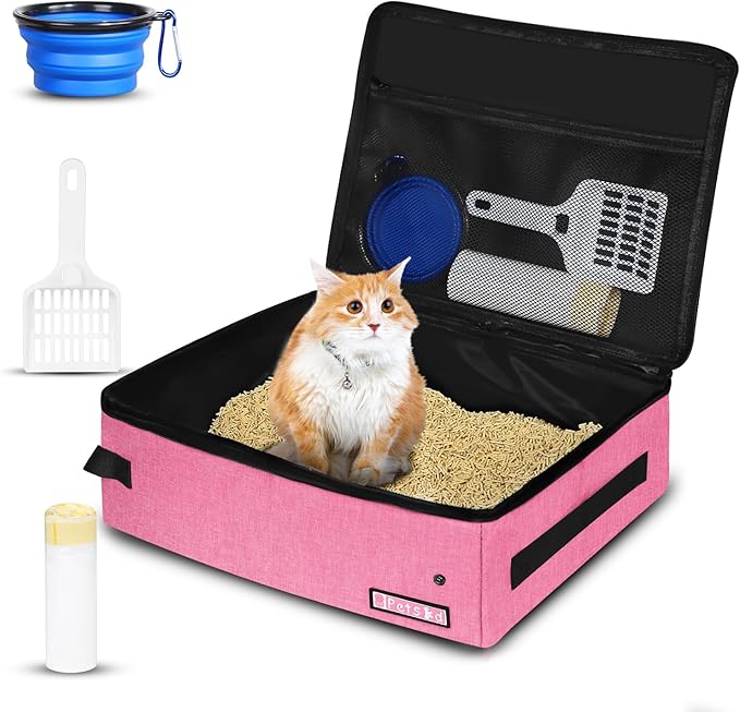 Petskd Portable Cat Travel Litter Box with Lid and 10 pcs Disposable Liner Bags, Leak-Proof and Collapsible, Cat Travel Essentials for Car Travel, Hotel, Airplane and Other Outdoor Use(Pink)