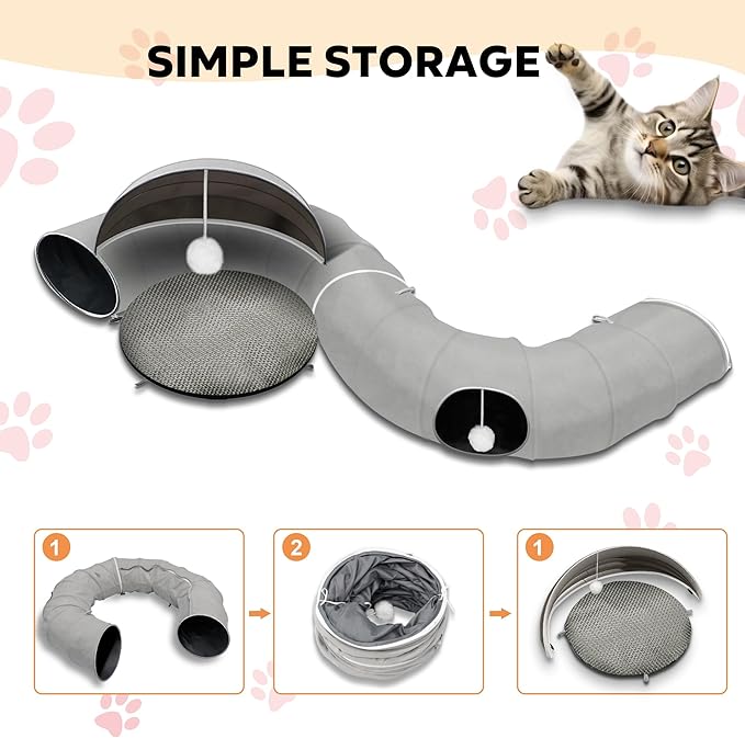 Large Cat Tunnel Bed, Cat Tent with Ball Toy, Cat Tunnel with Washable Central Mat, Detachable Straight Tunnel, Multifunctional Cat Toys for Indoor Cats (Cat Tunnel with Cool mat)