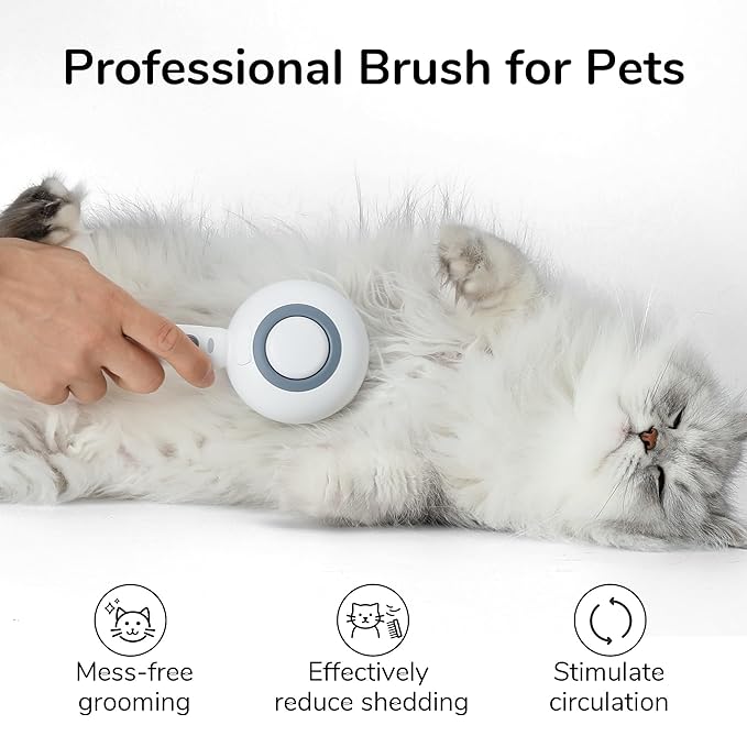 FUKUMARU Cat Steam Brush, 3 in 1 Cat Shedding Brush, Pet Steam Brush with Water Tank and USB Rechargeable, Self Cleaning Brush for Dog with Release Button, Remove Static Flying Tangled Hair, White