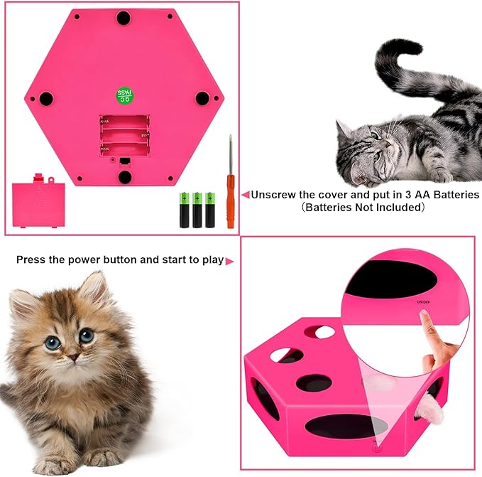 FluffyDream Interactive Cat Maze Box Toy, Electrical Cat Exercise Teaser Toy with Plush Tail & Ball Contains Bells, Fluffy Toys, Toys for Indoor Cats, Pets, Kitten, Kitty, Pink