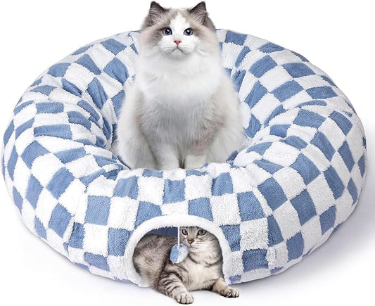 Cat Tunnel Bed Cat Cave for Cats Indoor, Maansfy Large Peekaboo Cat Cave Donut Tunnel Interactive Cat Toy Multifunctional Round Pet Play Tunnel Tube for Kitten Medium Large Cat - Blue