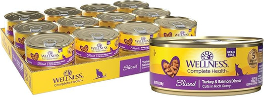 Wellness Complete Health Natural Grain Free Wet Canned Cat Food, Sliced Turkey & Salmon Entree, 5.5-Ounce Can (Pack of 24)