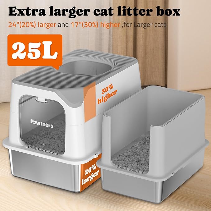 Pawtners Stainless Steel Cat Litter Box, XL Extra Large Kitty Litter Pan, Front Entry Top Exit Enclosed Metal Cat Toilet for Odor Control with Removable Lid & Scoop, Anti-Leakage, Easy to Clean