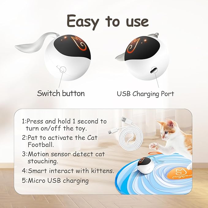 Migipaws Interactive Cat Ball Toy Set, Fun Tracker, Glowing Chase Ball with MystiChaser Pouch, Fluffy Tail, A Small Mice (White)