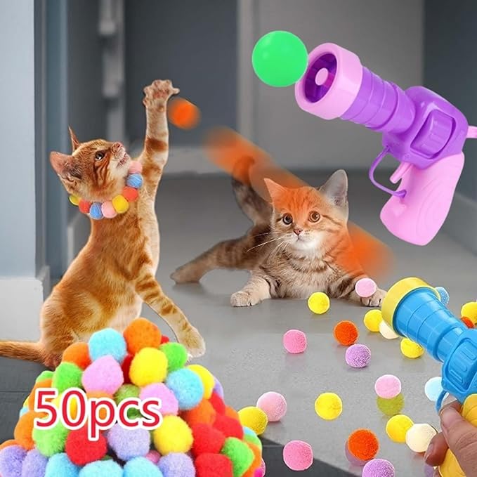Cat Ball Launcher Toy, 50PCS 1.2Inch Cat Pompom Ball and 2 Cat Ball Toy Launcher, Soft Interactive Cat Balls, Active Cat Exercise Toys for Indoor Cats-Multi-Colored