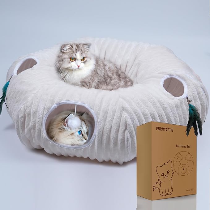 Cat Tunnel Bed,Cat Tunnel Bed with Soft Central Cat Couch,Cat Toys for Indoor Cats,Collapsible Peekaboo Cat Cave,Cat Donut Tunnel and Kitty Toy Set（White Stripe，Donut）