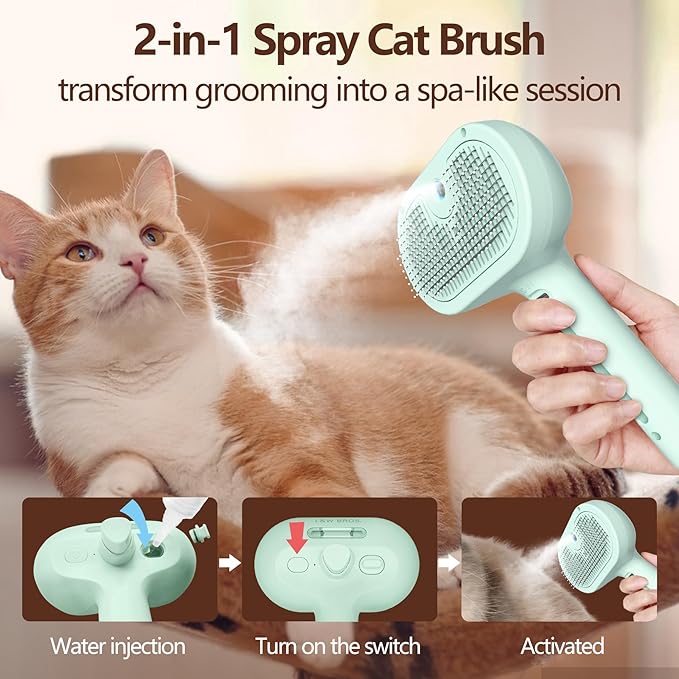 L&W BROS. Cat Steam Brush for Shedding Self Cleaning Steamy Cat Brush Cats Hair Grooming Brush Misting Cat Brush for Long Haired Cats(Light Blue)