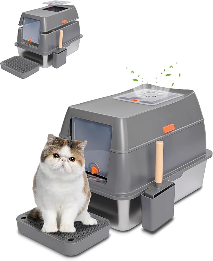 Ultimate XL Stainless Steel Litter Box with Lid Spacious & Stylish Enclosed Design for Big Cats, Multiple Cats, Odor-Free & Easy Cleaning, High Sided Cat Litter Pan with Cover Gray