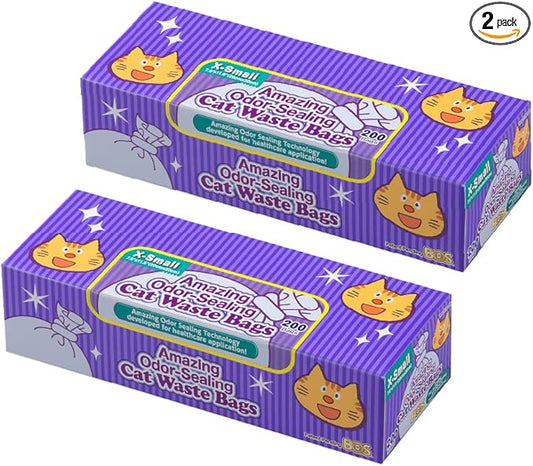 BOS Amazing Odor Sealing Cat Waste Bags - Durable and Unscented [Size: XS, Color: Light Blue] (200 count, Pack of 2) (400Bags) ★Too Small to get a Litter Scoop Inside!