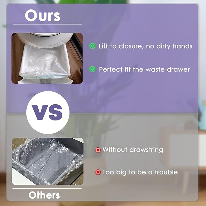 100 Count Self Cleaning Cat Litter Box Liner Bags Compatible with Automatic Cat Litter Box, Thick Heavy Duty Drawstring Replacement Waste Drawer Liners-25.2" x 11.8"