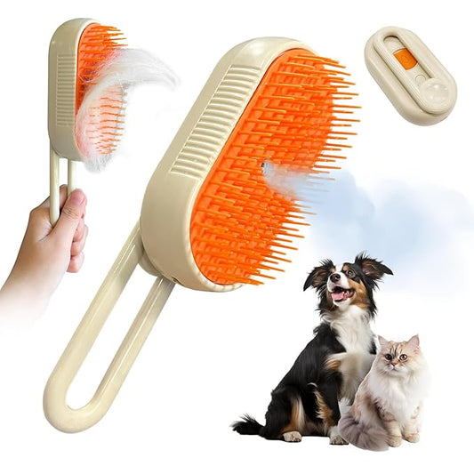 Long-Pin Spray Brush for Long Haired Cats & Dogs, 3-in-1 Design: Fur Remover, Massage and Clean, Steam Brush for Shedding, Steamy Dematting Brush For indoor Cats, Dogs and Rabbits (Khaqi)
